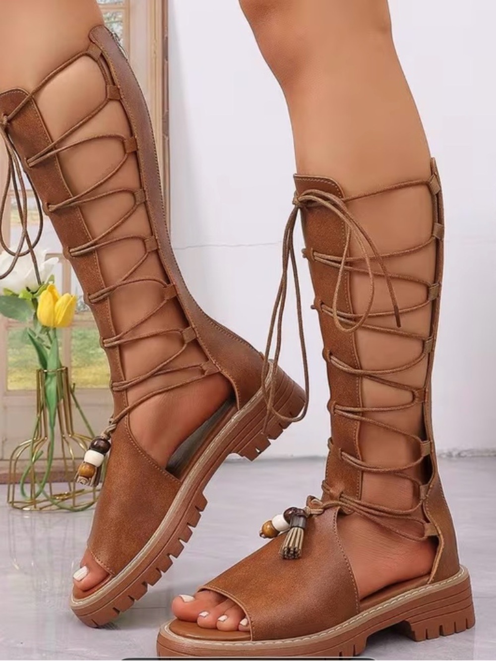 Women's Tan Lace-Up Gladiator Sandals with Tassel Accent